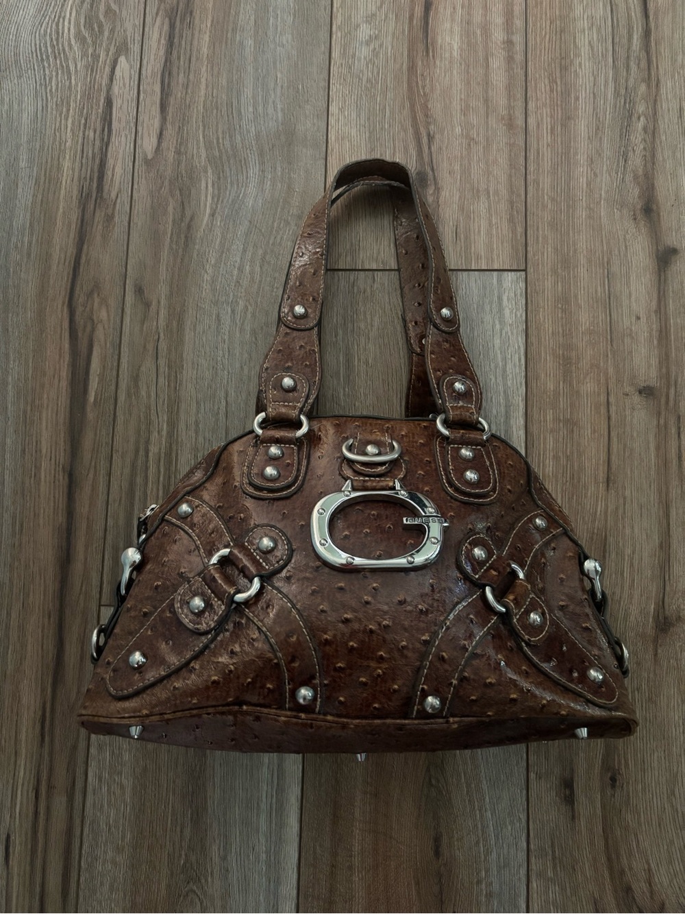 Vintage Y2K Guess Ostrich Brown Leather Studded Bag
